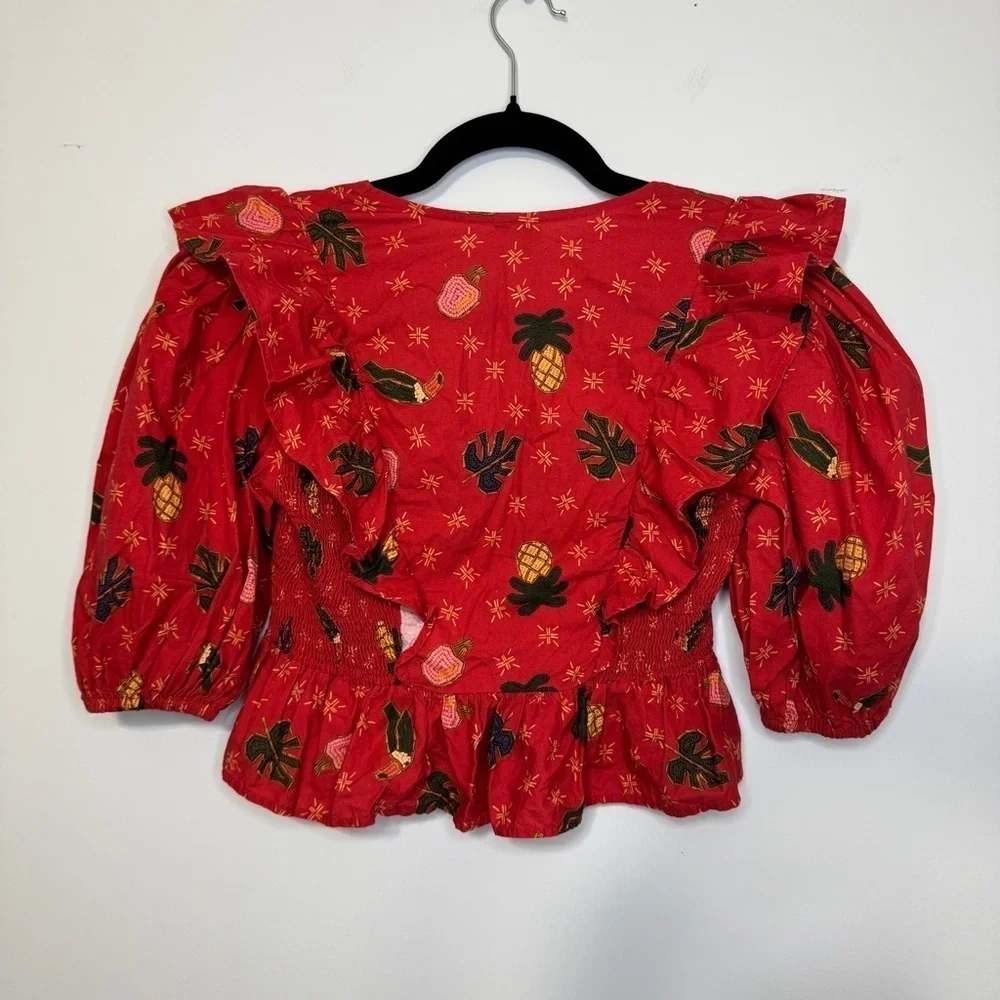 🍍 FARM Rio Red Tropical Print Ruffle Smocked Peplum Blouse (Size P / Small)